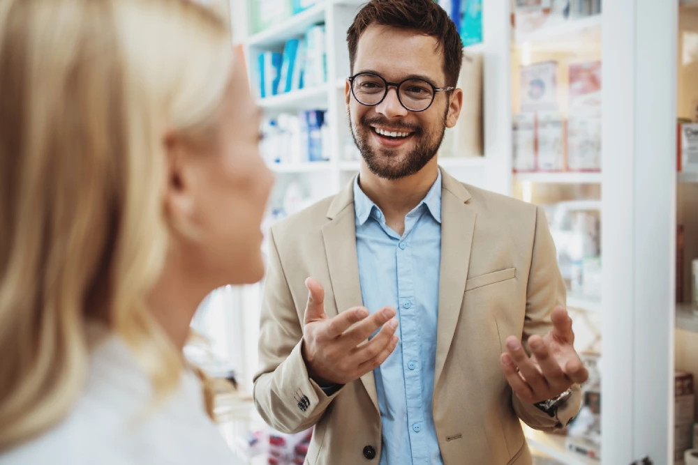 pharmacy ownership expert talking to pharmacy owner